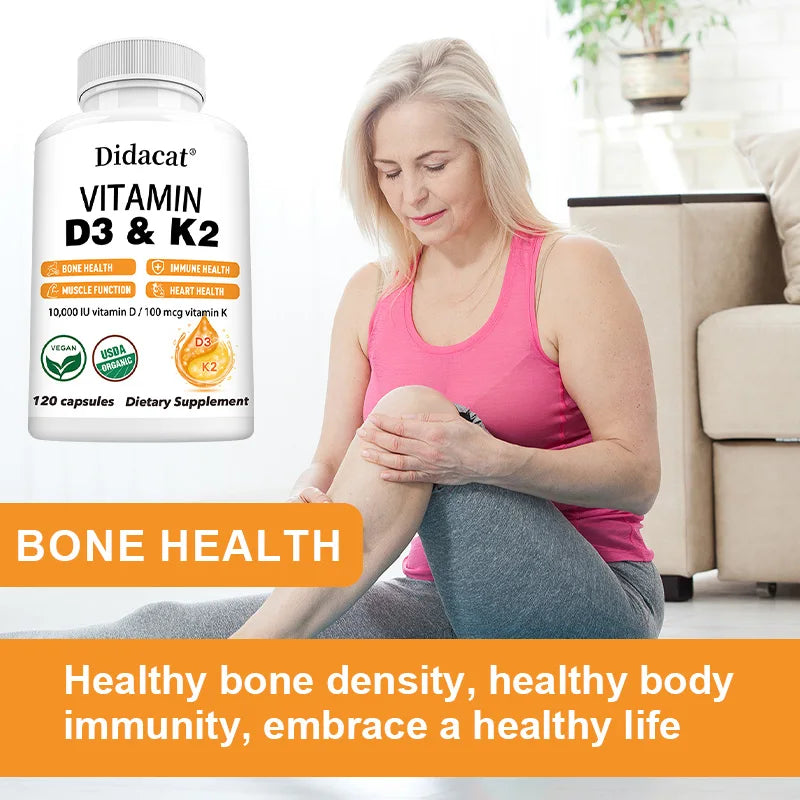 Vitamin D3 10000 IU + K2 MK7 100 Mcg Supplement Capsules, Supports Joint and Immune Health, Strong Bones, Non-GMO