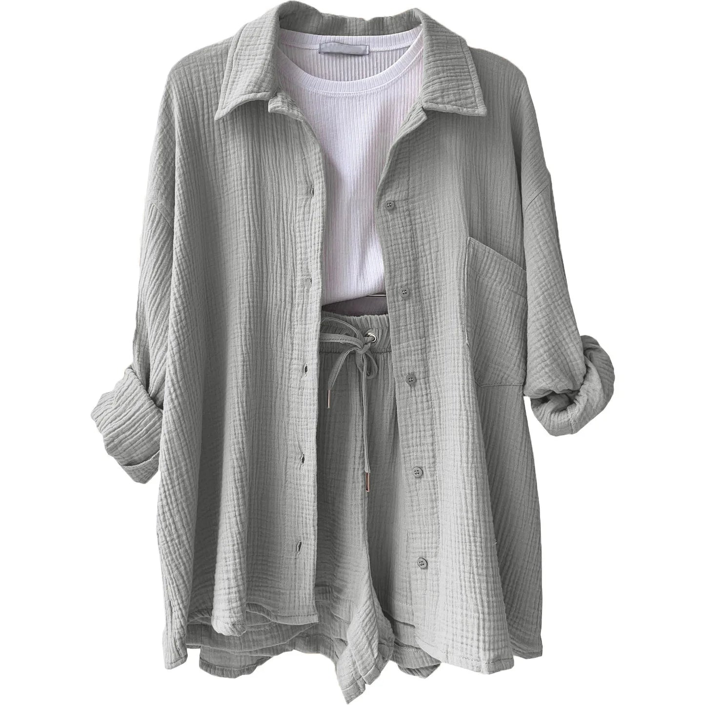 Short Sets Women Tracksuit Single Breasted Cardigan Blouses Two Pieces Shorts Loose Button High Street Solid Pockets Folds Light Grey