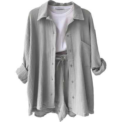 Short Sets Women Tracksuit Single Breasted Cardigan Blouses Two Pieces Shorts Loose Button High Street Solid Pockets Folds Light Grey