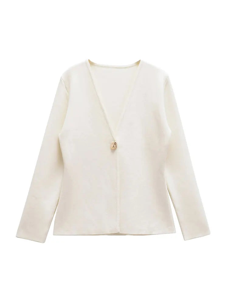 TRZA Women Fashion With Gold Button Knit Cardigan Sweater V Neck Long Sleeve Female Outerwear Chic Tops