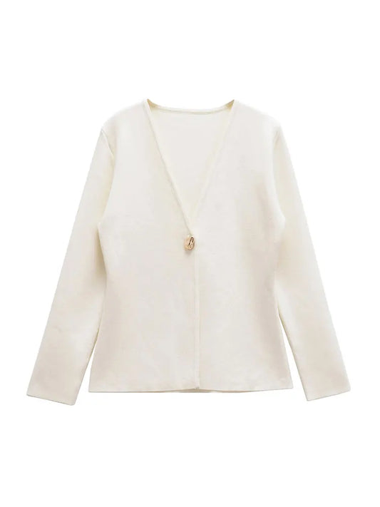 TRZA Women Fashion With Gold Button Knit Cardigan Sweater V Neck Long Sleeve Female Outerwear Chic Tops