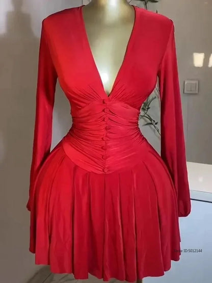 Women's Party Mini Dress 2025 Spring/summer Latest Casual Sexy Plunge Ruched Lantern Sleeve Button Daily A Line Short Skirt A