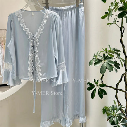 Blue Pajamas Set Elegant Home Clothes Ice Silk Sleepwear Women Loose Trousers Suit Four Seasons Loungewear Sexy Lace Nightgown Blue C