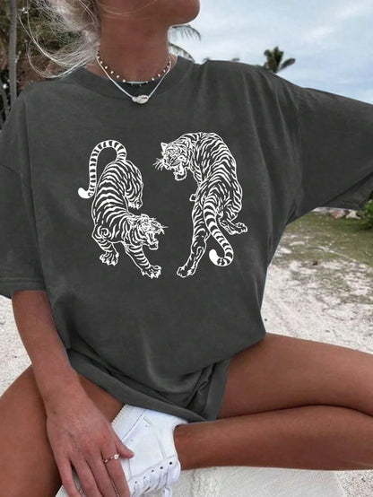 Plus - Size T-Shirt - Fashionable Leopard Print Shirt Casual Holiday Style Dark Grey