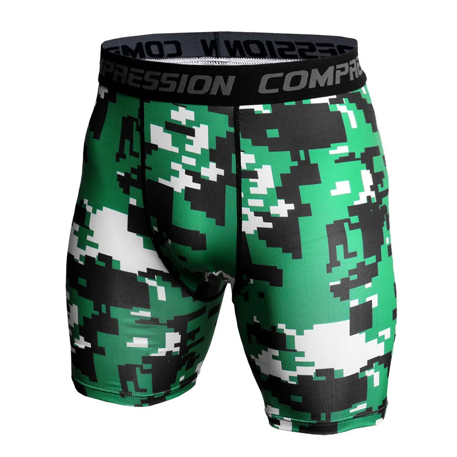 Compression Shorts Men 3D Print Camouflage Bodybuilding Tights Short Men Gyms Shorts Male Muscle Sport Elastic Running Shorts Block Green