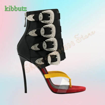 Light Luxury Metal Buckle Mid Calf Sandals Flip Flop Open Toe High Heels Stiletto Zipper Women Shoes2024 New Zapatos Para Mujere