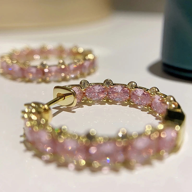 Huitan Luxury Trendy Pink/Green/Blue/Yellow CZ Hoop Earrings for Women Silver Color/Gold Color Hot Trendy Girls Jewelry Dropship