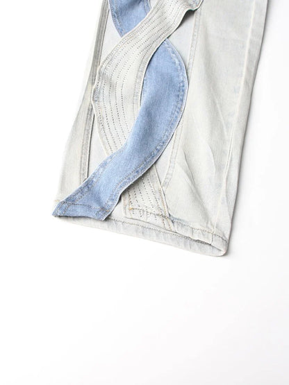 VGH Crisscross Hit Color Streetwear Denim Trousers For Women High Waist Patchwork Pockets Hollow Out Split Pants Female 2024