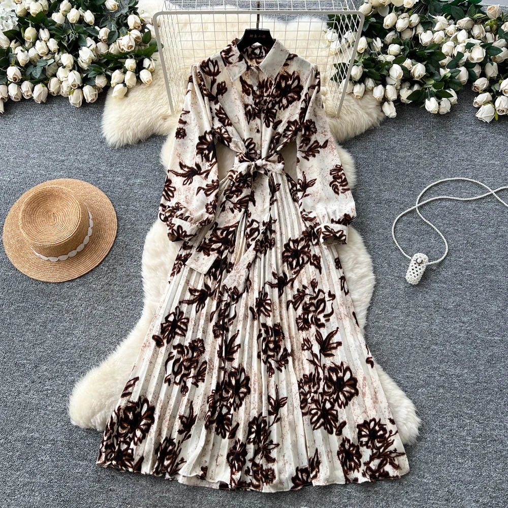 Chic vintage long sleeve turn-down collar button pleated Elegant Fairy korean fashion Boho women clothing Long dress Coffee One Size