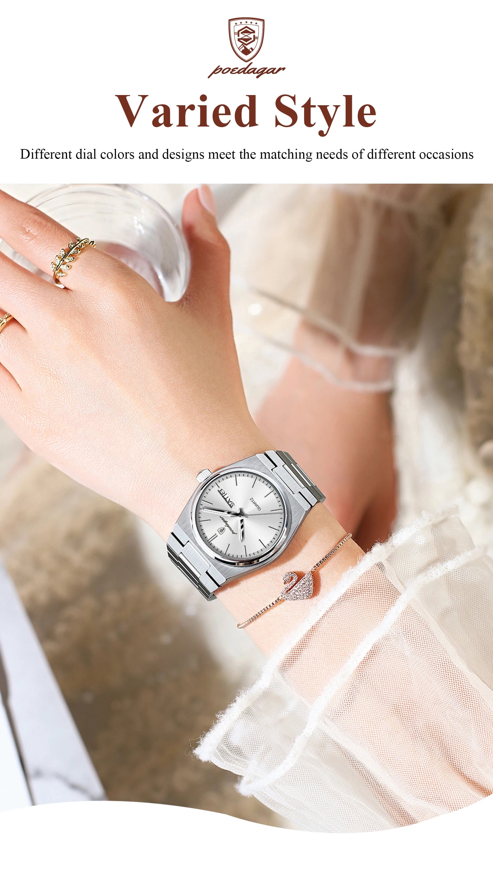 POEDAGAR Original New Woman Watch Stainless Steel Waterproof Luminous Ladies Wristwatch Date Week Elegant Quartz Women's Watches