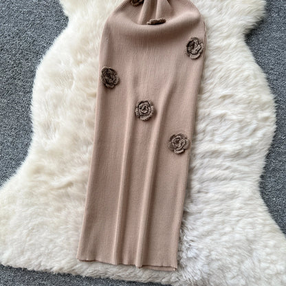 SINGREINY Knitted 3D Flower Chic Dress Sleeveless Slim Solid Elastic Sundress Women Summer Casual Fashion Bodycon Long Dresses