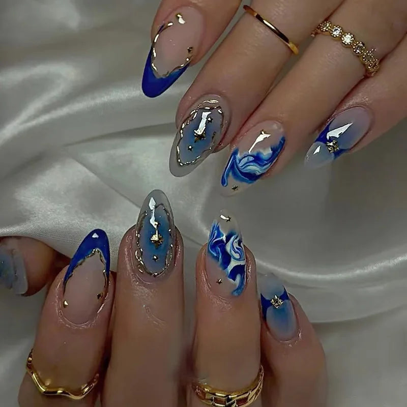 24pcs Romantic Y2k Star Press On Nails Gradient Blue French Style Gold Moon Designs Fake Nail Sweet Almond False Nails For Women Y31