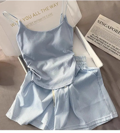 Striped Sleepwear Women Pajama Sets Spaghetti Strap Piiama Shorts Sets 2 Pieces Korean Night Wears Summer Cute Home Suit 2025