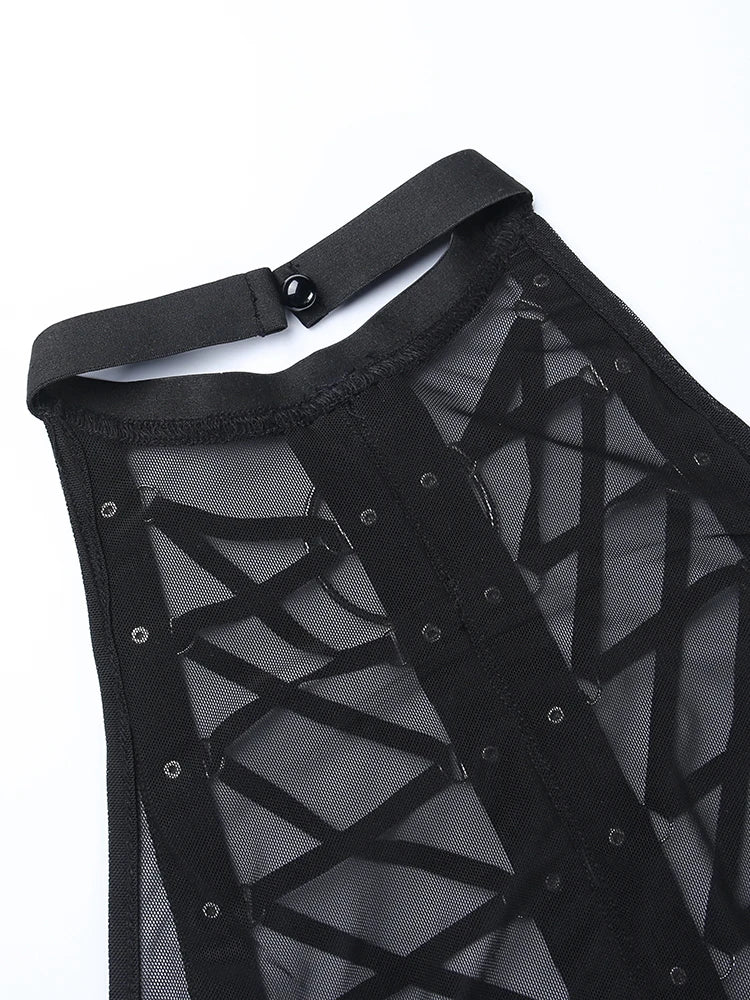 Gothic Punk Ring Halter Top Bodycon Lace Up Crop Bandage Tank Tops Y2k Mesh T Shirt Exotic Vest Sexy Hollow Out Backless Caims