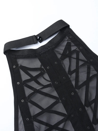 Gothic Punk Ring Halter Top Bodycon Lace Up Crop Bandage Tank Tops Y2k Mesh T Shirt Exotic Vest Sexy Hollow Out Backless Caims