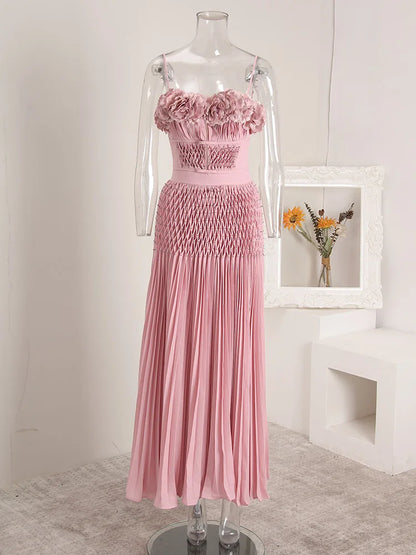 DEAT Elegant Dress Hollow Out Backless Camisole Pleated Flower High Waist Women's Party Dresses 2025 Autumn New Fashion 13DB5083 Badiee Stylez