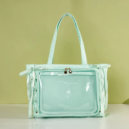 Japanese Large Capacity Satin Ribbon Ita Bag Sweet Girl Anime Transparent Tote Bag Lolita Shoulder Bags Clear Pvc Handbags Green