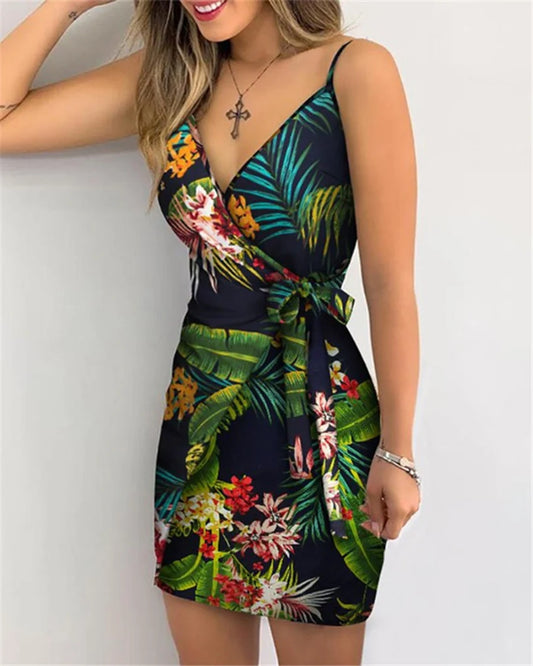 Women's Sexy V-Neck Spaghetti Strap Bodycon Dress, Slim Fit Party Dress with Waist Belt, Summer Cocktail Dress green