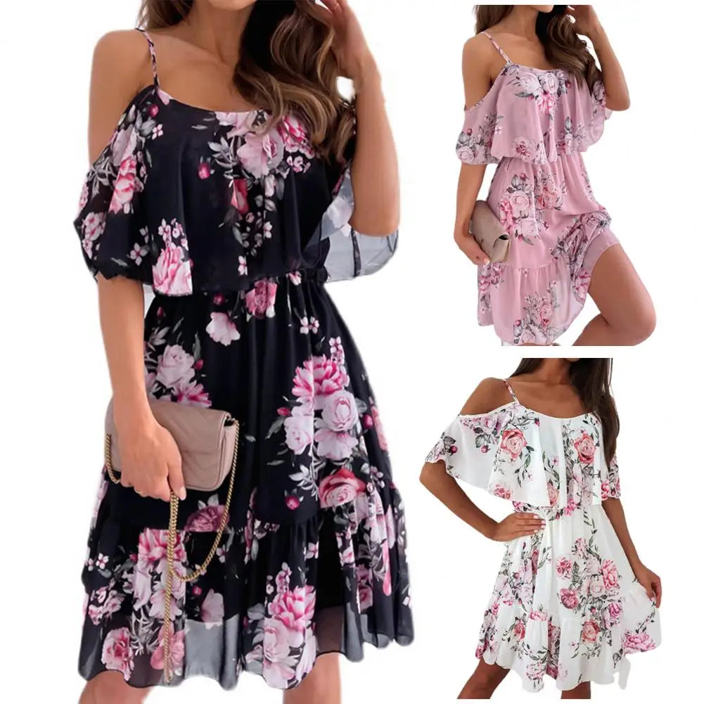 Trendy Mini Dress Flower Print Flounce Edge Colorful Above Knee Short Sleeve Women Dress Female Dress Spaghetti Strap