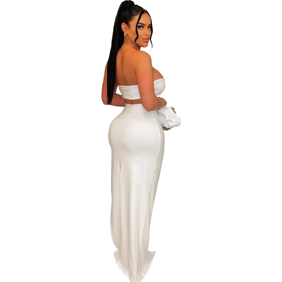 New Chic Gold Ring Bandeau Slit Skirt Two-Piece Set Womens Beautiful Off Shoulder Matching Skirt Set Nightclub Outfits Badiee Stylez
