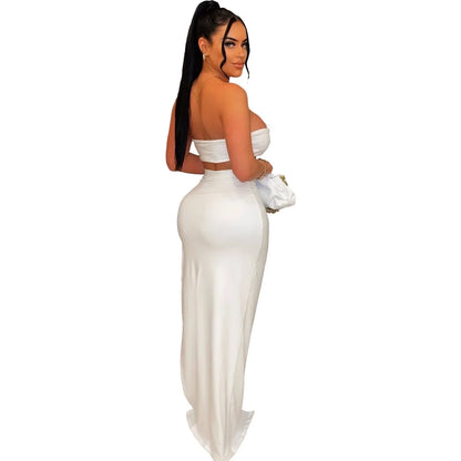 New Chic Gold Ring Bandeau Slit Skirt Two-Piece Set Womens Beautiful Off Shoulder Matching Skirt Set Nightclub Outfits Badiee Stylez