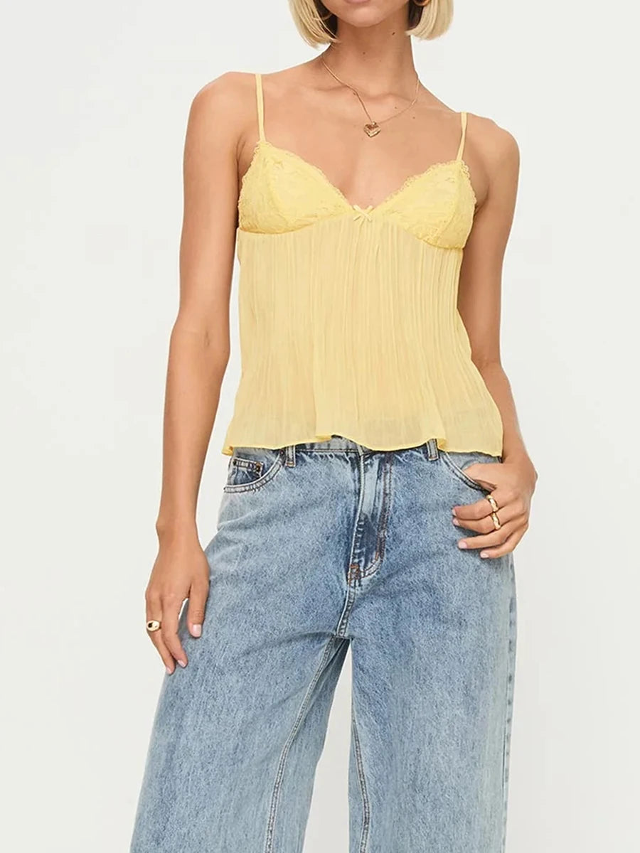 New Fashion Womens Pleated Camisole Mini Bowknot Front Spaghetti Strap V-Neck Lace Cropped Tops Club Street Style Hot Sale S-XL