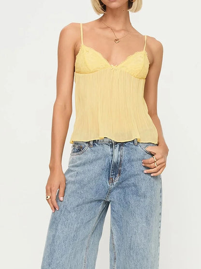 New Fashion Womens Pleated Camisole Mini Bowknot Front Spaghetti Strap V-Neck Lace Cropped Tops Club Street Style Hot Sale S-XL