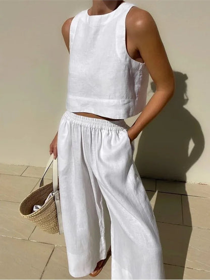 Women's Solid Color Casual Sleeveless Shirt And Pants Two Piece Summer Loose Simple Wide Leg Pants Vest Female 2025
