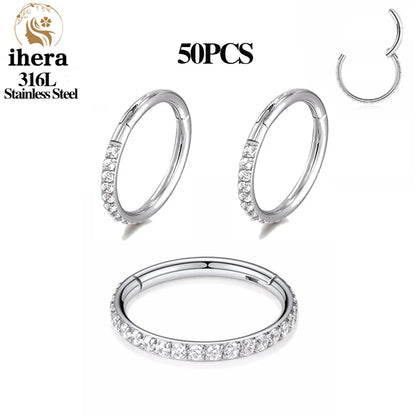 316L Stainless Steel Zircon CZ Hinged Segment Nose Septum Clicker Ring Round Earrings Hoops Ear Tragus Helix Piercing Jewelry 50PCS Silver Color CHINA