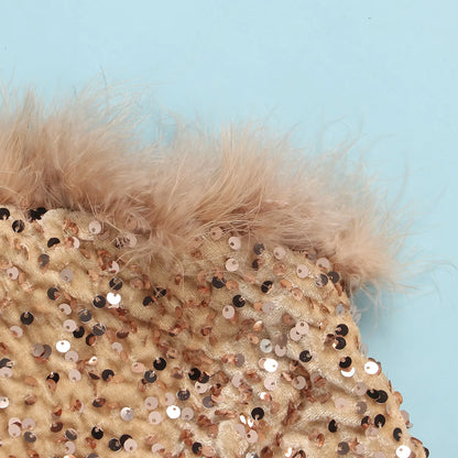 Women's Elegant Sequined Feather Slim Patchwork Bodysuits Spring Summer New Sexy Bodysuits Women Long Sleeve Backless Bodysuits