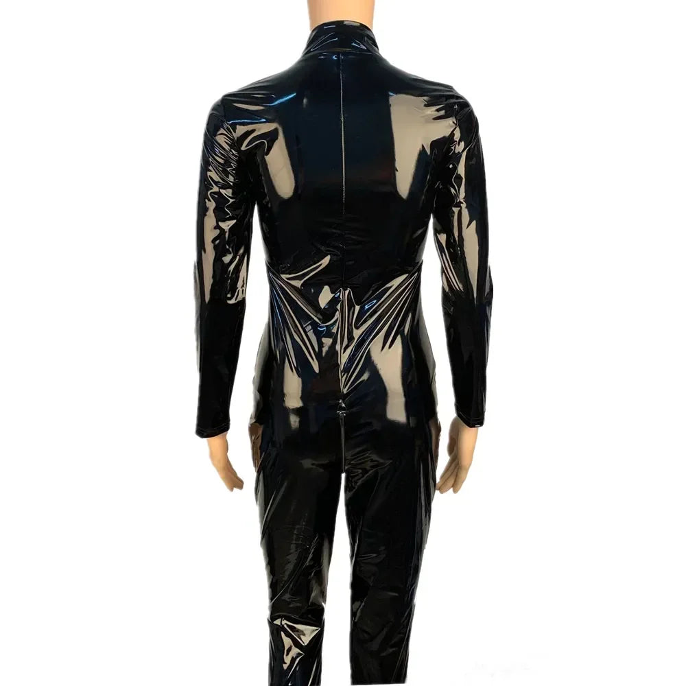 2025 Halloween Women's Wet Look Shiny PU Faux Leather Jumpsuit Suit Long Sleeve Zipper Open Crotch Latex Bodysuit Clubwear Badiee Stylez