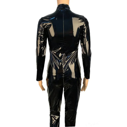 2025 Halloween Women's Wet Look Shiny PU Faux Leather Jumpsuit Suit Long Sleeve Zipper Open Crotch Latex Bodysuit Clubwear Badiee Stylez