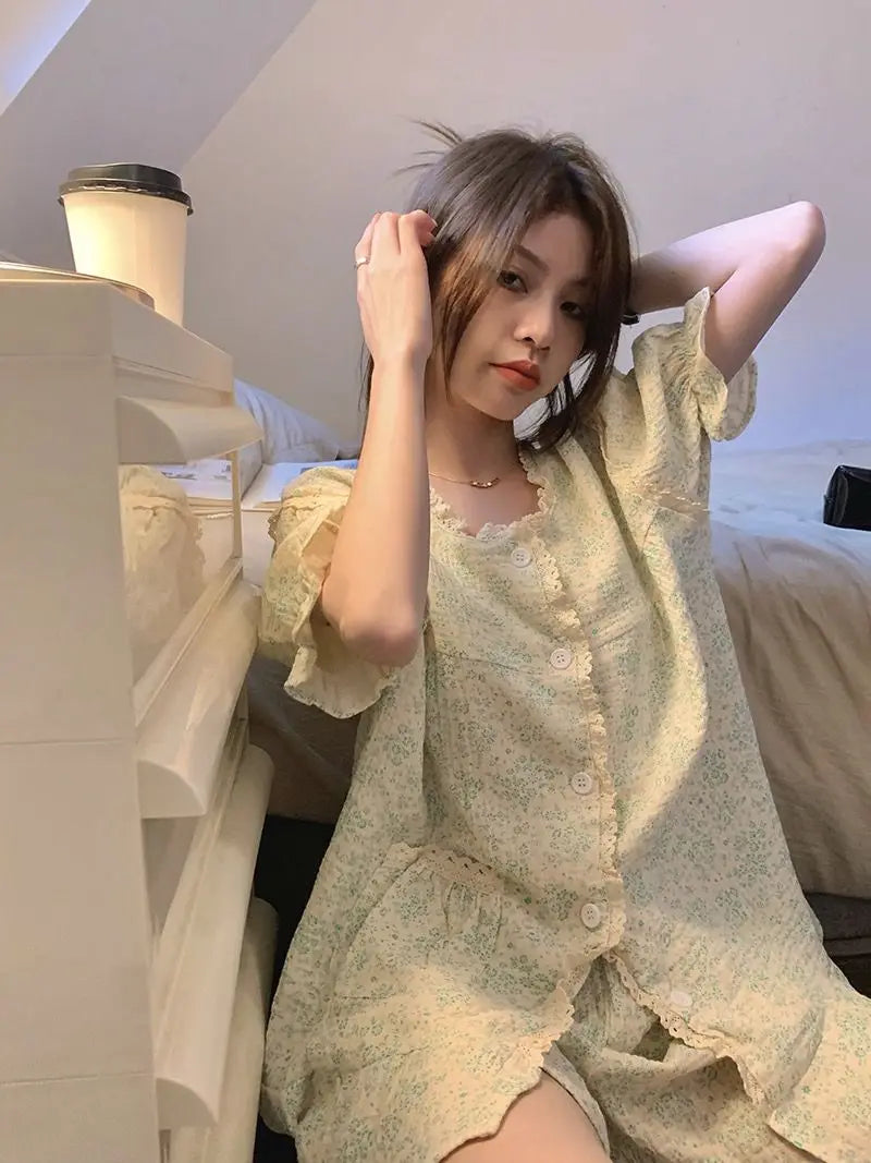 Ruffles Women Pajamas Sets for Home Summer Floral Sleepwear Shorts Sleeve Lace 2 Pieces Button Night Wears Korean Home Suit 2024