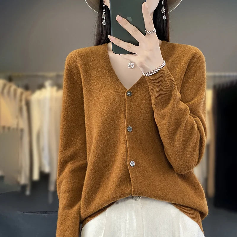 100 Merino Wool Knitted V-neck Sweater Women's Top Loose Korean Version Fashionable Versatile Autumn And Winter Cashmere Sweater WQ015 jiaotang