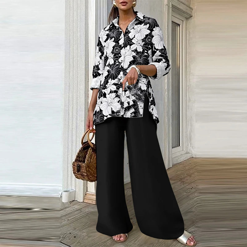 ZANZEA Autumn Vintage Pant Sets Women Fashion 2 Piece Outfits 2025 Elegant Long Sleeve Print Tops and Elastic Waist Pants 2pcs Badiee Stylez