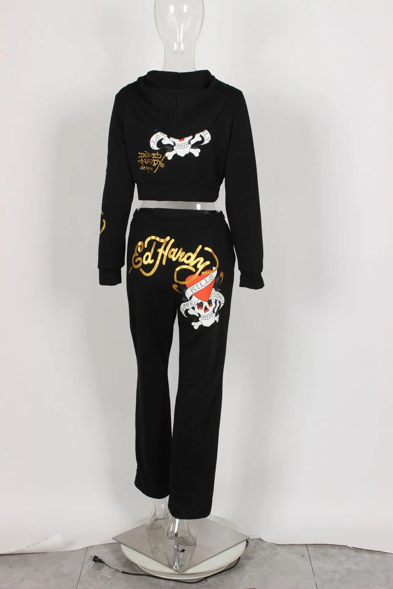 Bangniweigou Skull Love Print Zipper Short Cardigan + High Waist Straight Leg Pants Two Piece Set Women Tracksuit Autumn Winter