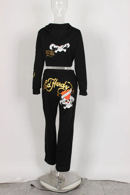 Bangniweigou Skull Love Print Zipper Short Cardigan + High Waist Straight Leg Pants Two Piece Set Women Tracksuit Autumn Winter