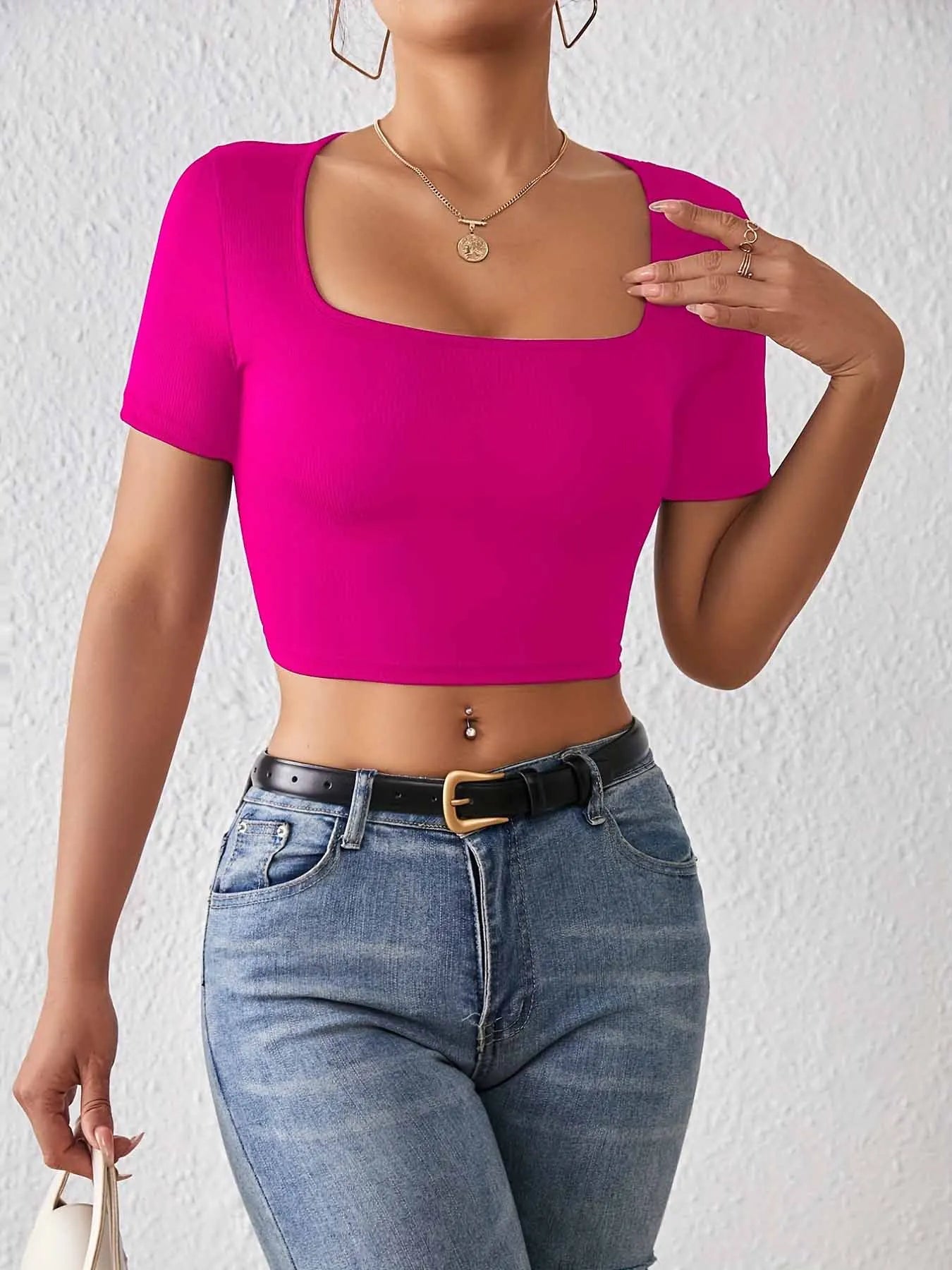 Solid Square Neck Crop T-Shirt Y2K Sexy Short Sleeve T-Shirt For Spring & Summer Women's Clothing