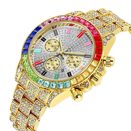 Fashion Hiphop Women Quartz Watch Luxury Cuban Bracelet Chain Sets Rhinestones Dress Wristwatch For Ladies Gift Gold