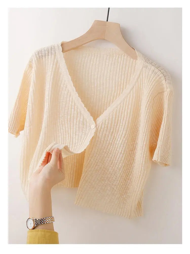 Ice Silk Knitted Cardigan Women's Summer Thin Short-sleeved Outer Wear Sun Protection Short Versatile Simple Commuter Top