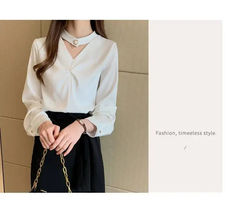 Satin Beading Halter V-Neck Woman Blouses 2022 Spring New Elegant Fashion Office Lady Long Sleeve Loose Commuter Shirts Female