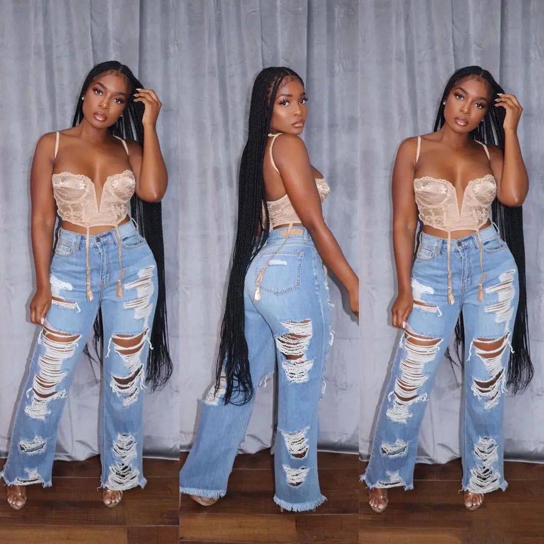 Jeans Women Long Pants Elegant Splice Denim Pant Slim Fit Sexy Hole High Waist Button Pocket Straight Trousers Summer 2024 blue