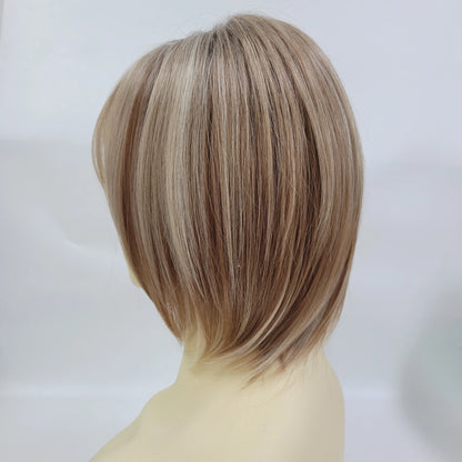 Women's Fashion Bob Hair Short Blonde Bob Wigs with Bangs Black Roots Straight Synthetic Ombre Hair Party Wig for Lady
