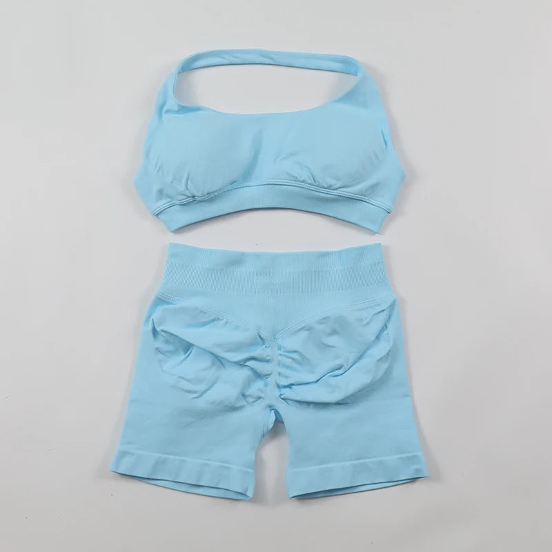 Fitness Shorts Sets Seamless Yoga Set Women 2Pcs Halter Sports Bra Scrunch Butt Gym Shorts Set Workout Clothes Summer Sportswear Badiee Stylez