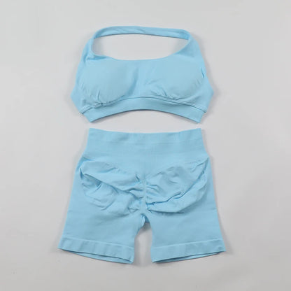 Fitness Shorts Sets Seamless Yoga Set Women 2Pcs Halter Sports Bra Scrunch Butt Gym Shorts Set Workout Clothes Summer Sportswear Badiee Stylez