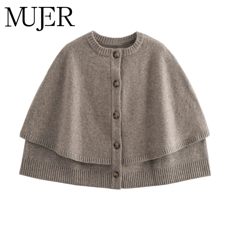 MUJER Cape Cropped Cardigan for Women Knitted Short Sweaters Cardigans Women Fashion Button Knitwear Women Cloak Women's Sweater