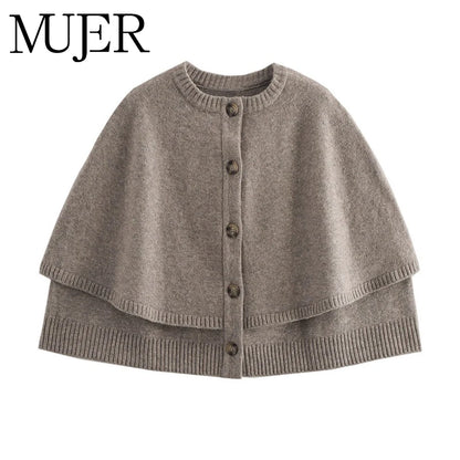 MUJER Cape Cropped Cardigan for Women Knitted Short Sweaters Cardigans Women Fashion Button Knitwear Women Cloak Women's Sweater