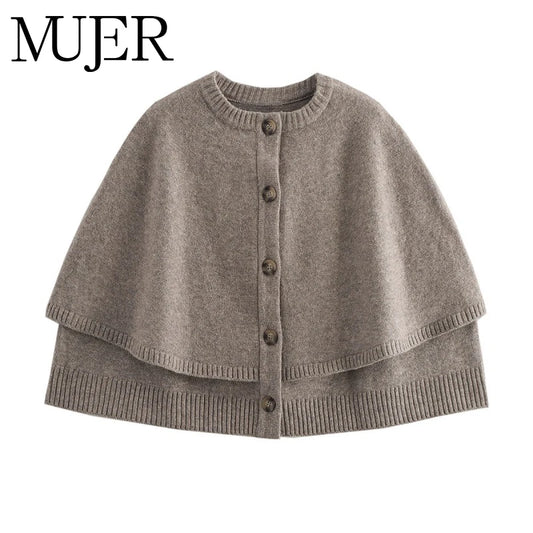 MUJER Cape Cropped Cardigan for Women Knitted Short Sweaters Cardigans Women Fashion Button Knitwear Women Cloak Women's Sweater
