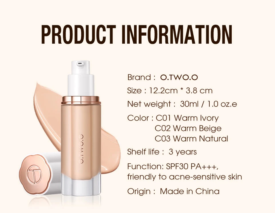 O.TWO.O Liquid Foundation Cream for Face 30ml High Coverage Makeup Base SPF30 Waterproof Concealer Makeup Foundation