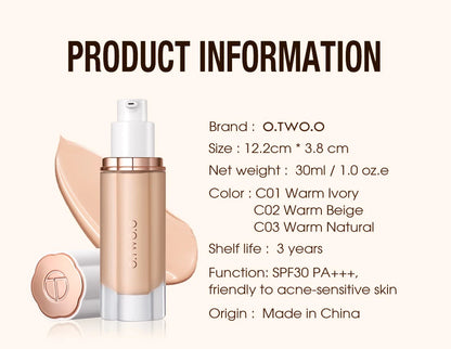 O.TWO.O Liquid Foundation Cream for Face 30ml High Coverage Makeup Base SPF30 Waterproof Concealer Makeup Foundation